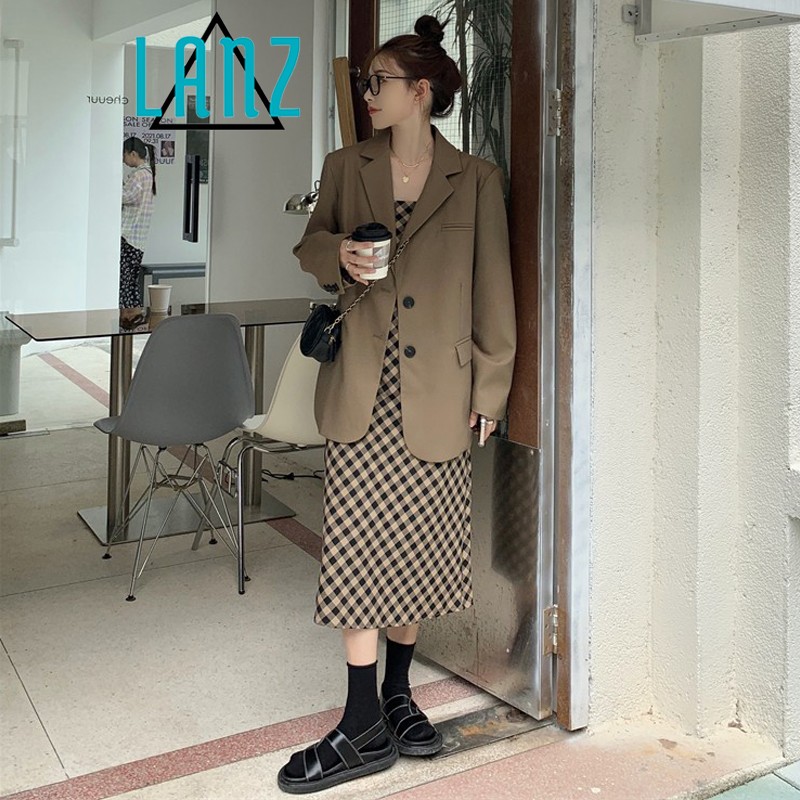Lanye retro style suit coat women's 2022 spring and Autumn New Korean version versatile loose simple casual coffee color suit top