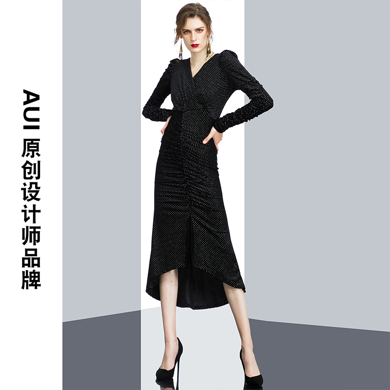 Auiaa black temperament irregular velvet sexy dress women 2021 autumn and winter new European and American style women decoration long skirt