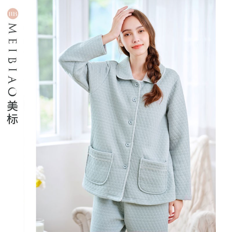 American Standard new pure cotton Pajama suit women's autumn and winter air cotton all cotton can wear three-layer thickened cotton jacket home clothes