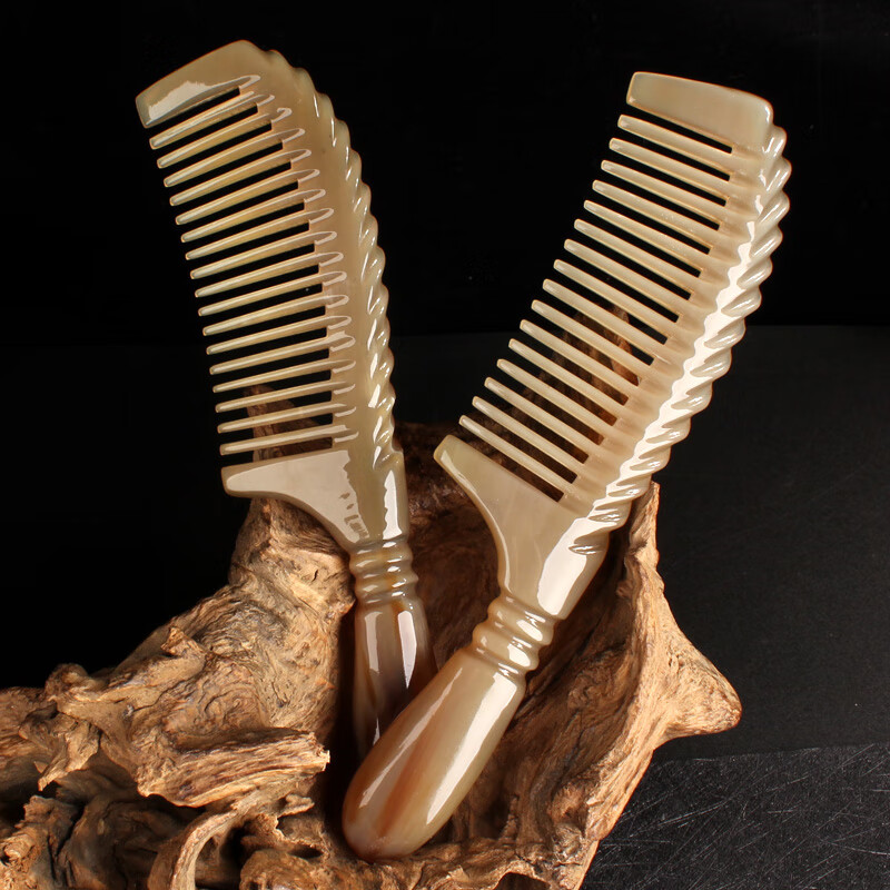 牧韵雕花宽齿天然牛角梳