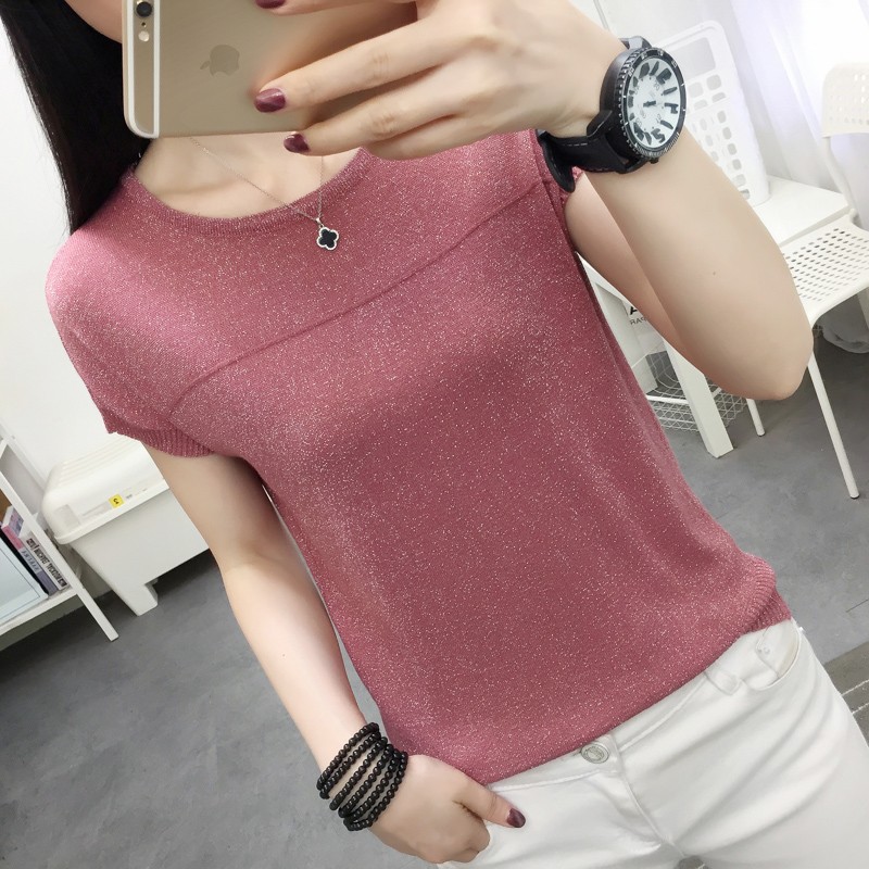 Five orange short sleeved T-shirts women's ice 2022 spring and summer new women's clothes Korean round neck T-shirt middle-aged mother bright silk hollow top scheming sexy bottoming shirt summer thin clothes
