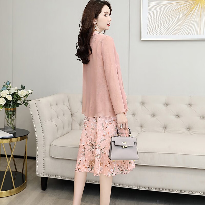 Dress code one or two piece suit skirt 2022 summer new summer women's fashion temperament printed long sleeved Chiffon Dress fairy skirt summer medium long A-shaped floral skirt