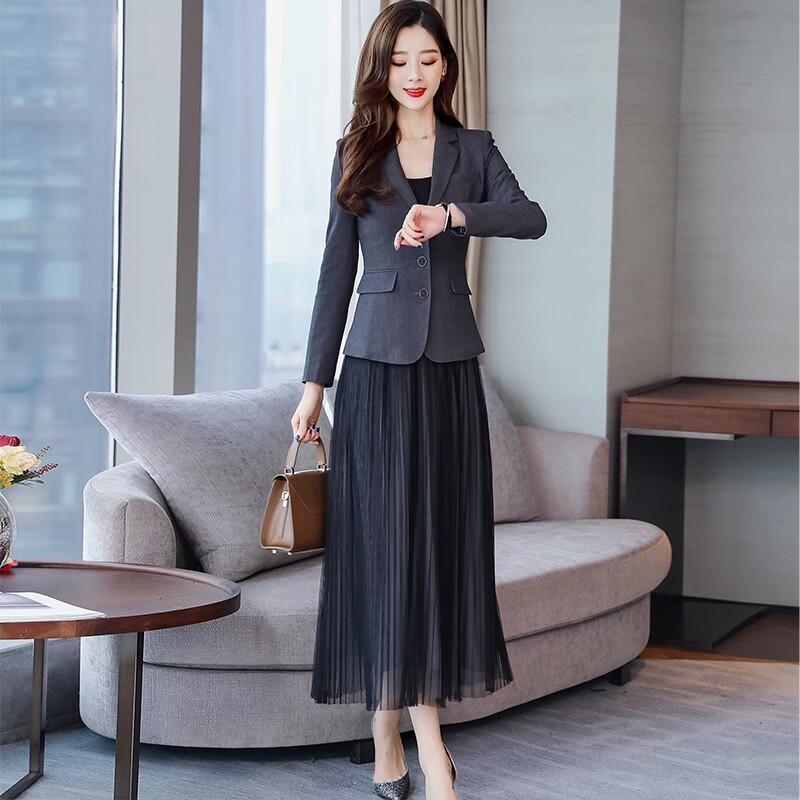 Dress code zero one or two piece suit skirt 2022 spring new spring women's clothing spring and autumn fashion temperament covering the belly thin long sleeve small suit dress pleated skirt suspender skirt long skirt