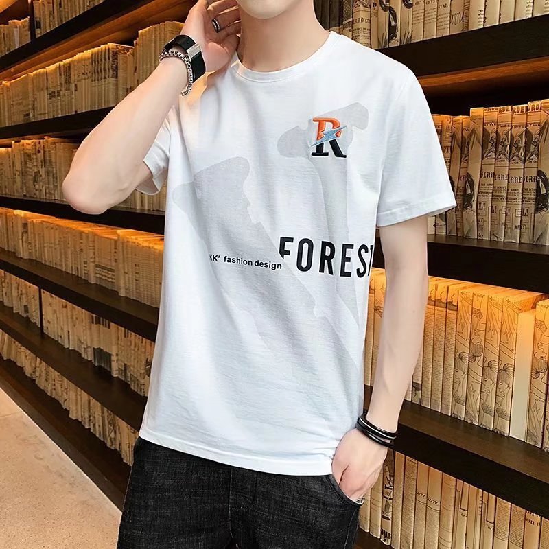 with  Pure menswear official flagship new short sleeve t-shirt men's 2022 fashion summer clothes ins fashion brand clothes printed round neck student half sleeve men's wear