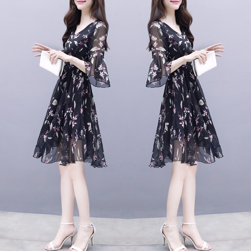 Manxu skirt summer dress new small Chiffon Dress 2022 floral skirt temperament women's fashion pure desire wind summer women's small black skirt thin skirt children