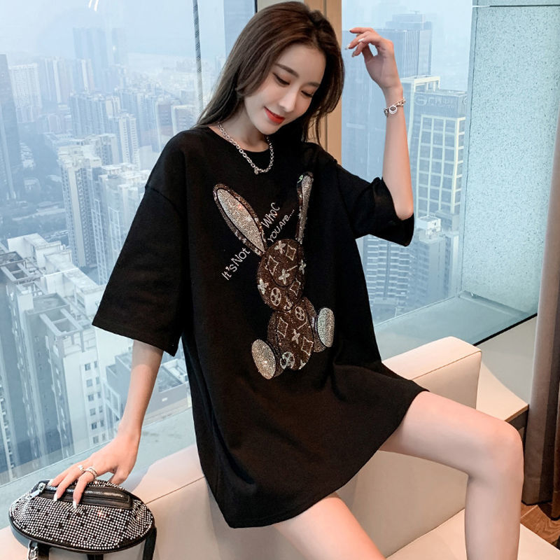 2022 summer new fashion brand medium and long hot drill versatile short sleeve T-shirt women's Korean loose 100 cotton top