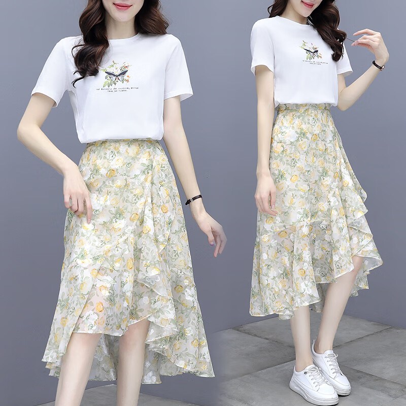 Chunyou women's dress set 2022 summer new white printed T-shirt broken flower A-line skirt women's irregular Chiffon high waist medium and long skirt set 1893