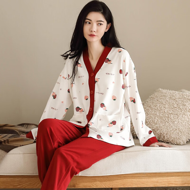 Lazy rhyme pajamas women's spring and autumn long sleeved cotton suit Korean lovely cardigan kimono two-piece home clothes all cotton can be worn out