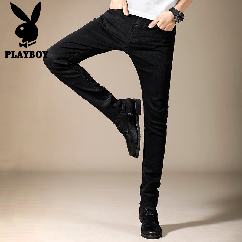 Playboy jeans men's slim 2021 autumn winter men's Korean version solid color micro elastic small foot casual pants black 30