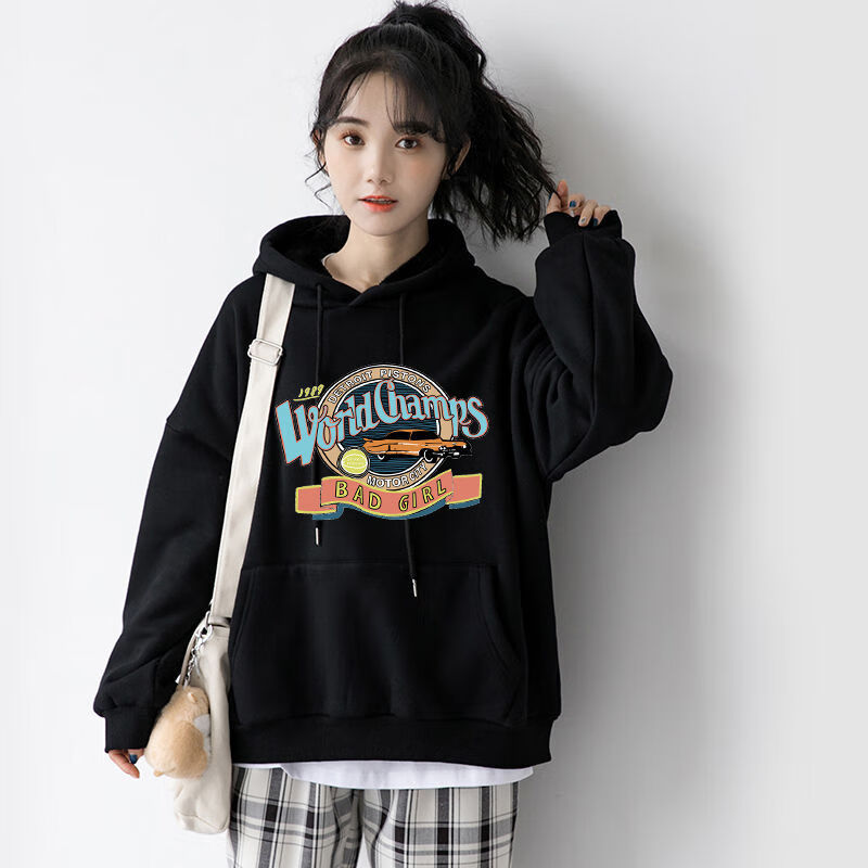 Caozan women's 2022 new spring and autumn hooded loose student black coat with long sleeves and fashionable clothes