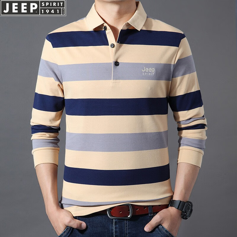 Jeep Jeep long sleeve t-shirt men's loose spring and autumn new Lapel men's fashion casual stripe T-Shirt Large Men's top
