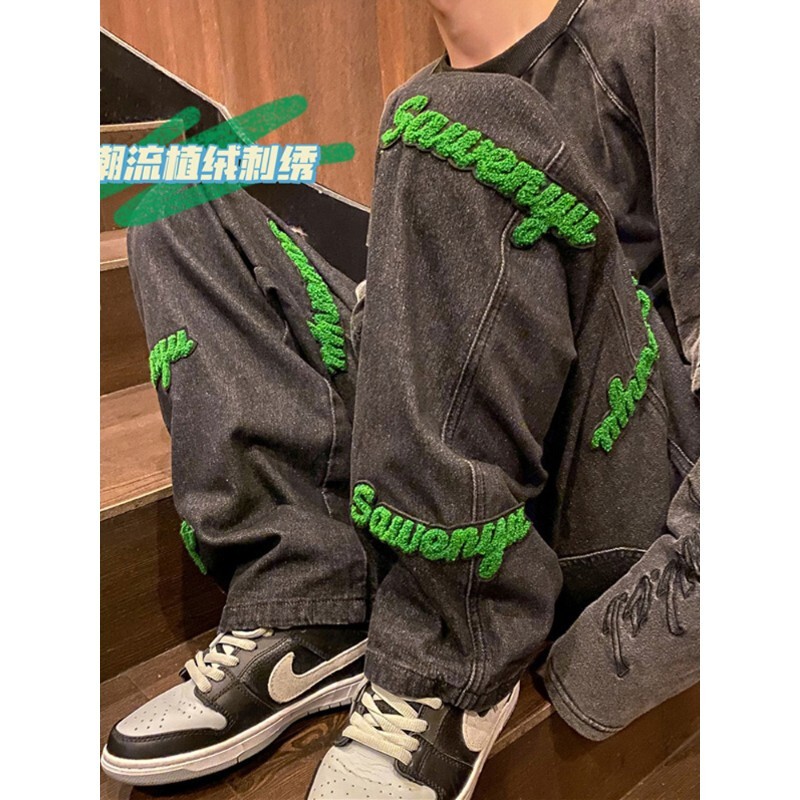 2022 summer European and American vibe fried Street pants high street ins fashion flocking embroidery loose casual jeans men's American fashion brand retro straight tube wide leg pants