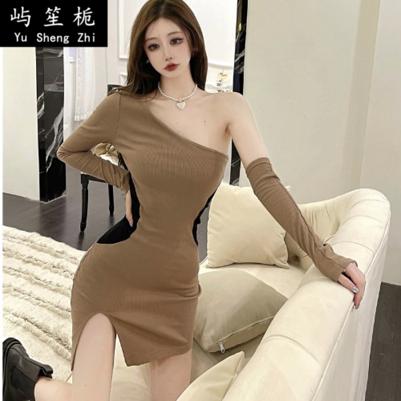 Good quality dress sexy Spice Girl design sense oblique shoulder contrast color Hip Wrap Skirt sweet and spicy net red fried Street temperament slim skirt woman