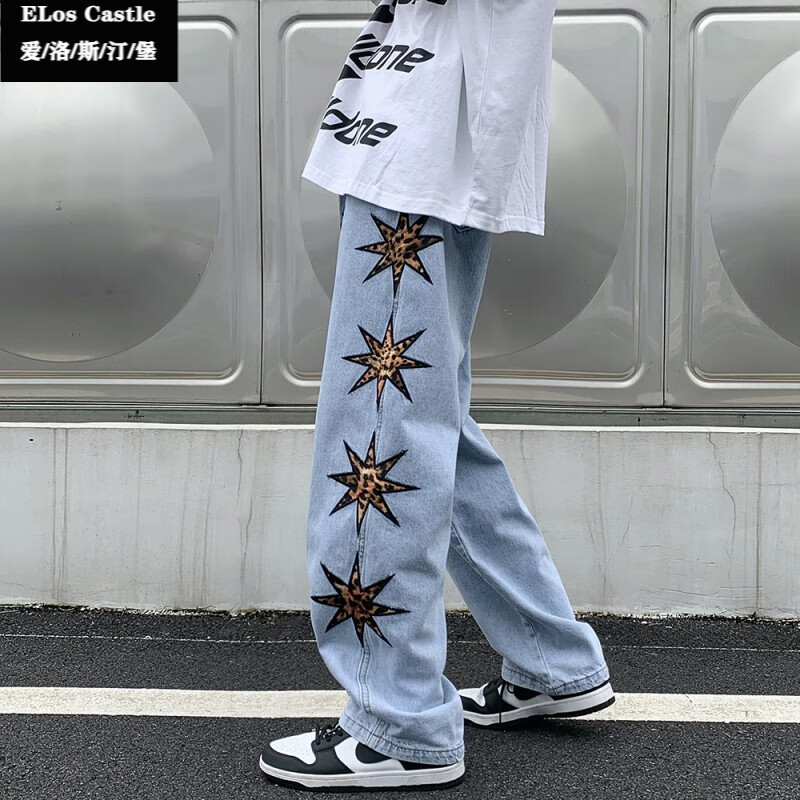 Ellostenburg jeans men's fashion brand loose straight spring and autumn wide leg casual pants leopard print hiphop high street pants