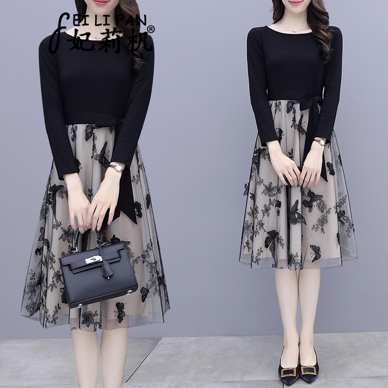 Feili dress women's wear new Korean version in spring and autumn 2022 long sleeved waist closing thin temperament medium long skirt small woman tall and thin broken flower skirt in early spring