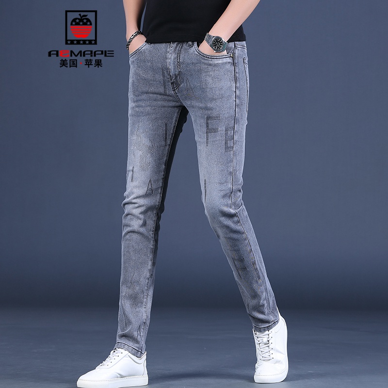 Aemape Apple 2022 summer grey high-end embroidered men's jeans men's fashion brand slim fit elastic casual Leggings fashion
