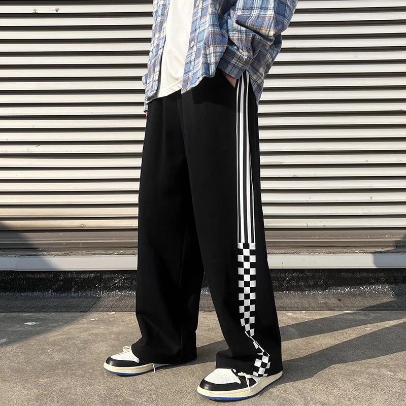 @Ningla casual pants men's 2022 summer fashion brand new striped Plaid stitched straight pants Hong Kong Style teenagers loose and versatile handsome men's pants