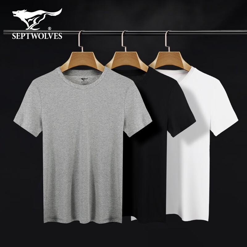 Seven wolves short sleeve t-shirt men's t-shirt men's half sleeve round neck V cotton bottomed Shirt Top comfortable breathable casual sports bottomed shirt