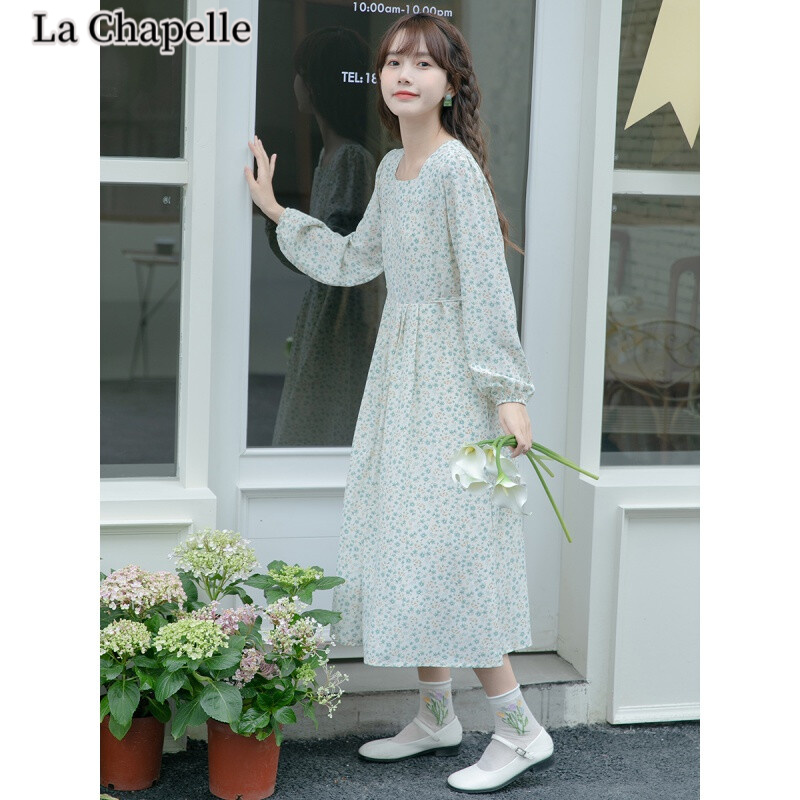 La Chapelle La 22 Chiffon Dress spring and autumn new lace up square collar women's spring new style foreign style aging Mori Department medium and long floral skirt fashion women's counter