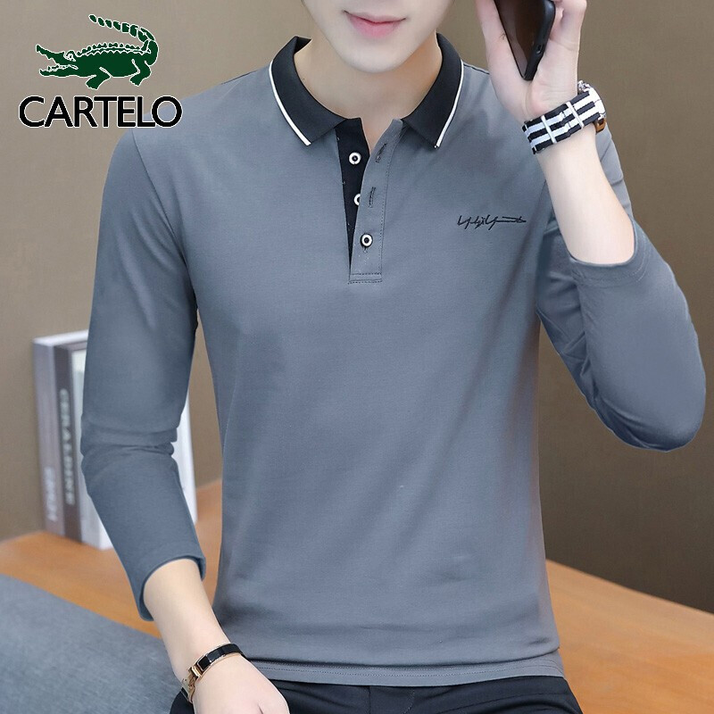 Cartelo long sleeve t-shirt men's winter Korean version solid color Lapel t-shirt men's trend bottomed Shirt Top Men's wear