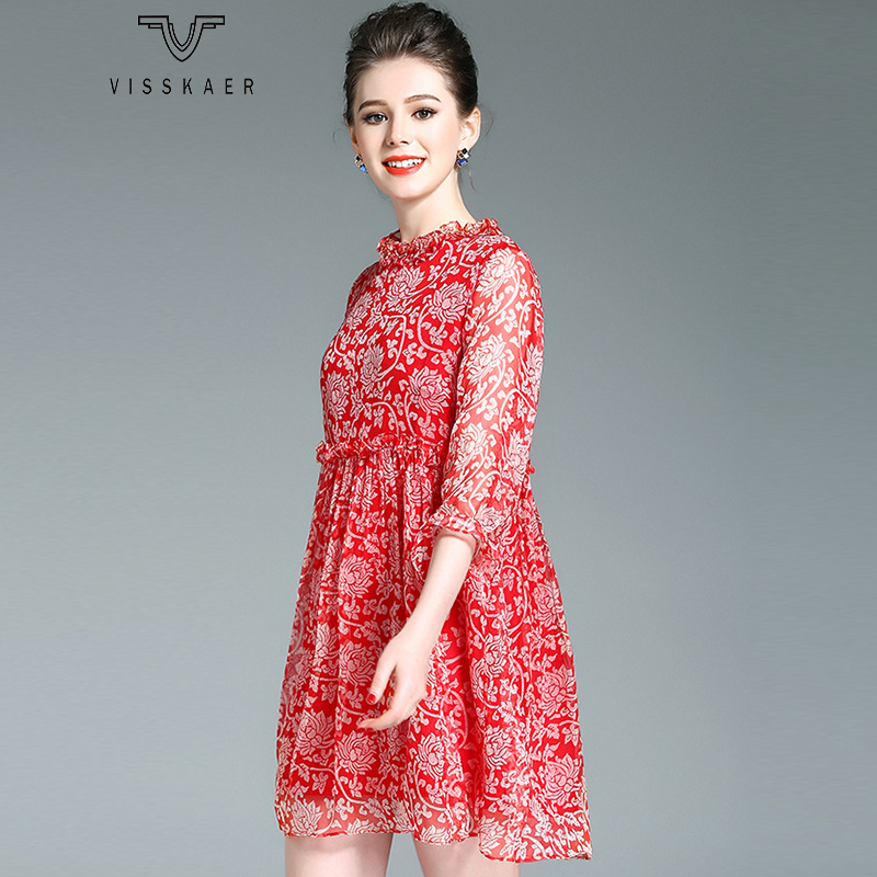 Visskaer 2022 spring and summer new seven point sleeve silk dress European and American doll collar printed mulberry silk skirt