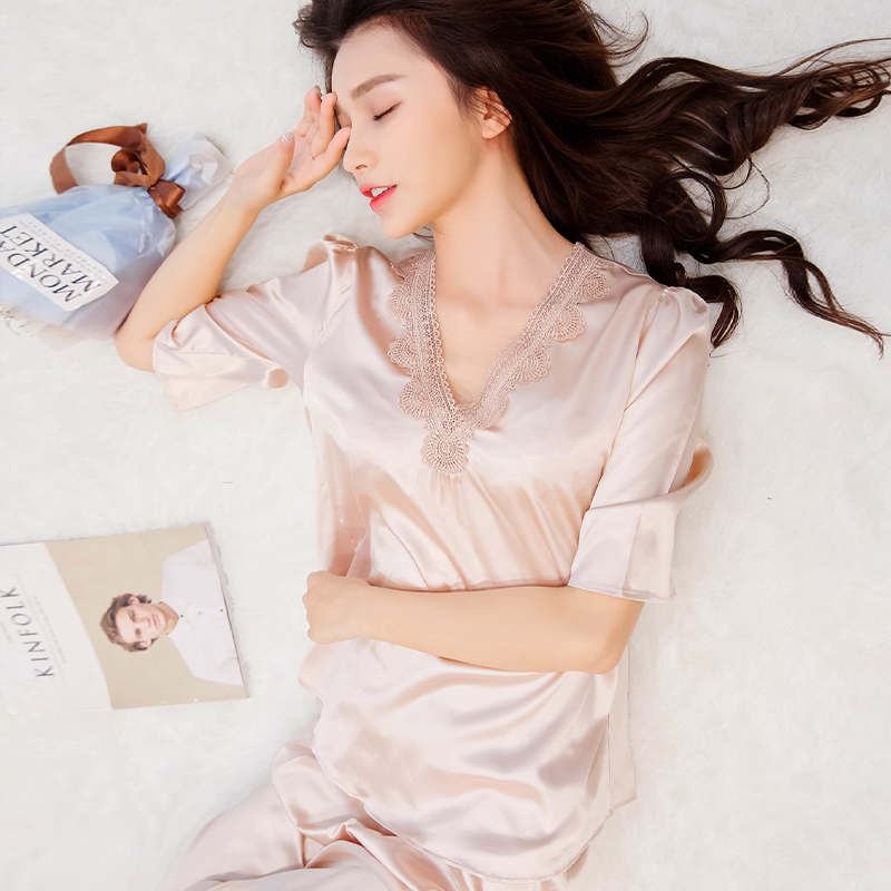 Greek poetry pajamas women's spring and summer thin imitation silk lovely sweet ice silk women's pajamas home clothes set