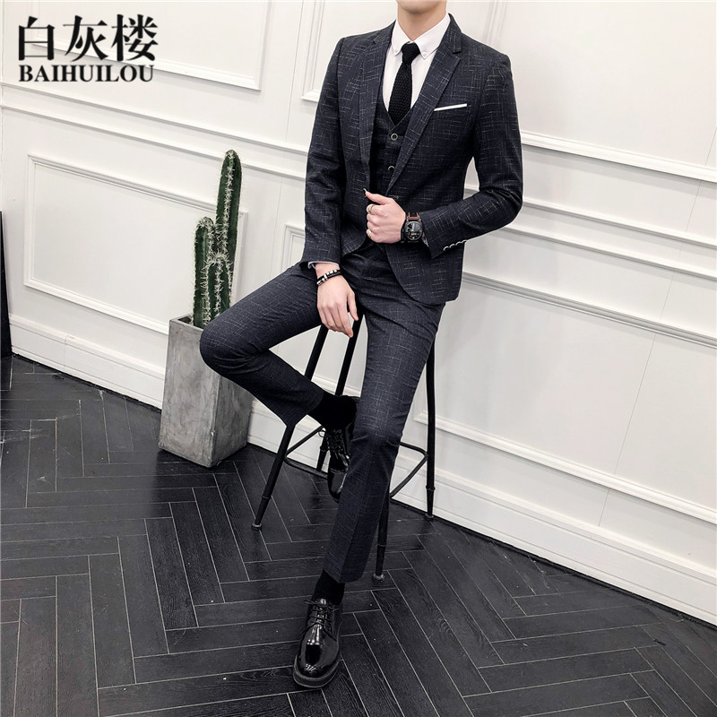 White grey building suit set men's spring and Autumn New Korean slim fit suit three piece business leisure professional formal suit groom best man wedding dress banquet suit man