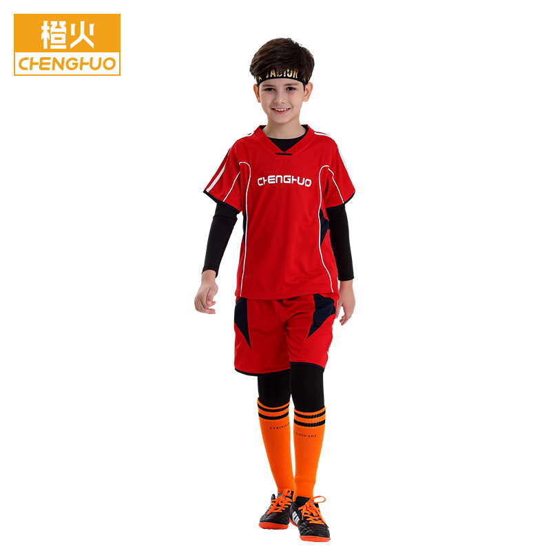 Orange fire children's soccer suit set customized spring and autumn boys' sportswear set primary school students' training suit warm girls' long sleeved Jersey tight bottomed shirt team suit four piece set