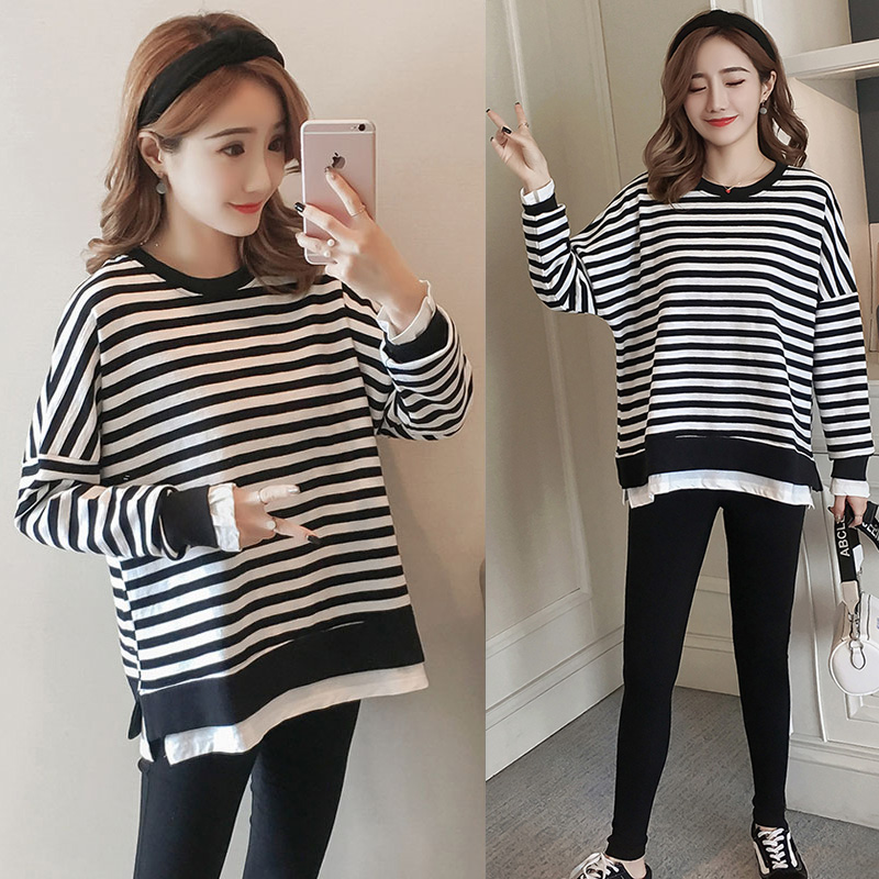 Muchen pregnant women's spring long sleeved top Korean loose spring and autumn postpartum lactation clothes out fashion lactation feeding clothes large new striped sweater Muchen pregnant women's spring long sleeved top Korean loose spring and autumn postpartum lactation clothes out fashion lactation feeding clothes large new striped sweater