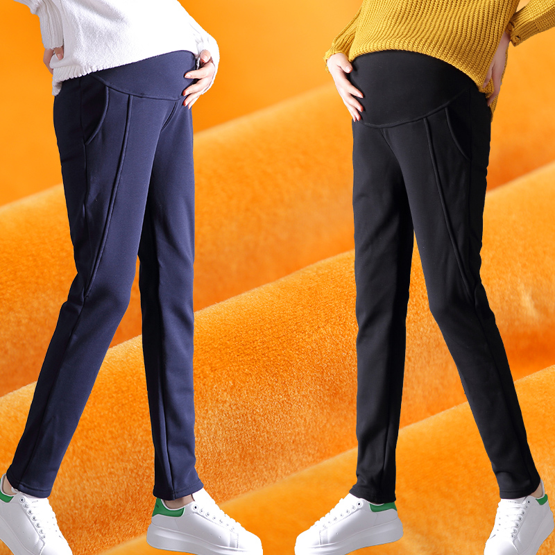 2022 spring, autumn and winter Plush warm pregnant women's pants wear fashion abdominal pants, leisure sports pants plus fat size 200 kg loose small straight pregnant women's pants autumn and winter Plush Pants Black Non Plush 3XL