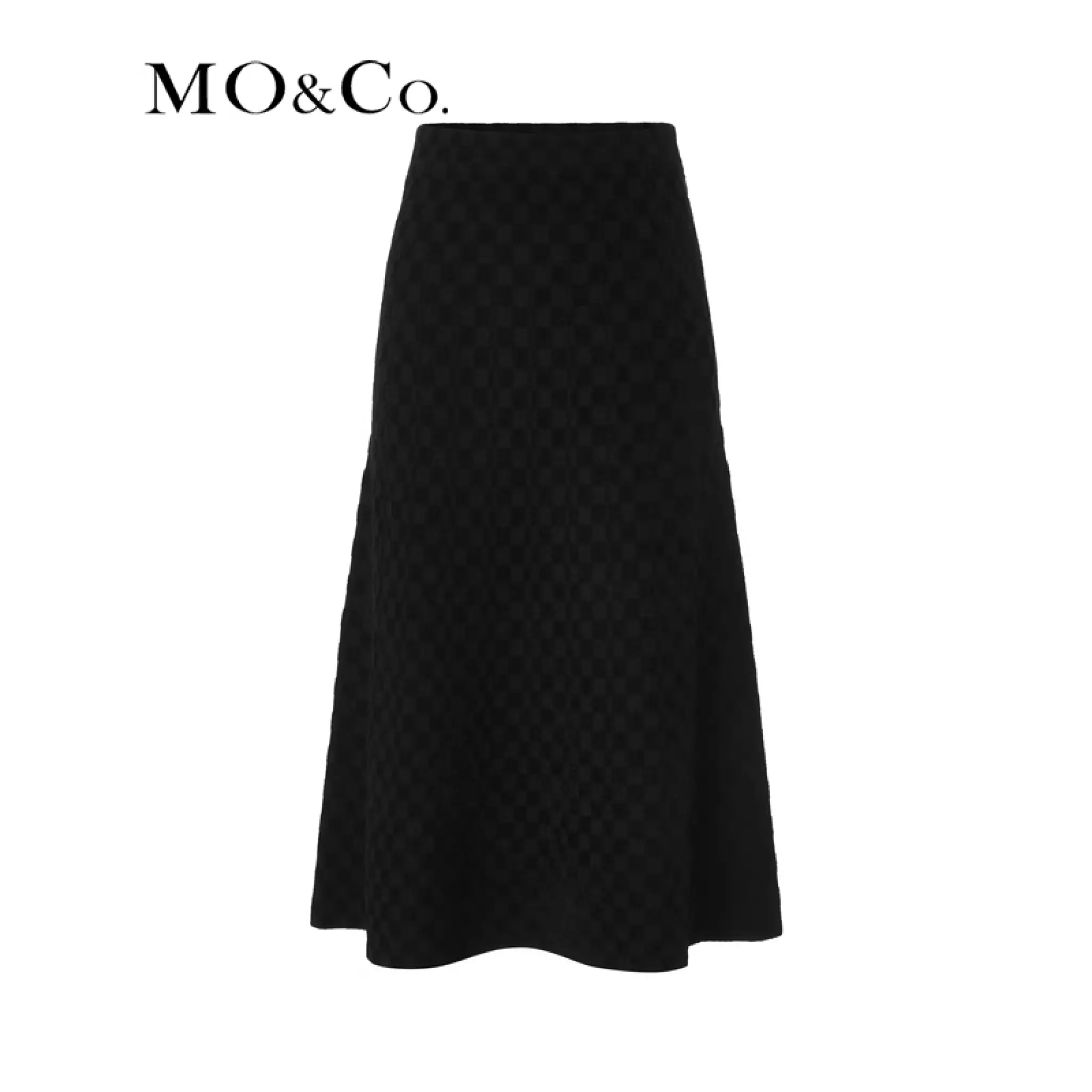 MO&Co.冬季绒感棋盘格高腰A字长款半身裙MBB4SKTT02 黑色M/165
