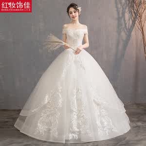 红妆饰佳 一字肩婚纱礼服2026新款仪式纱 新娘小个子出门纱拖尾主婚纱 6149浅香槟平地款 XL