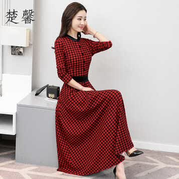 楚馨气质收腰连衣裙春季2018新款女装修身中长款秋冬打底长袖印花格子