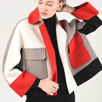 etgaz新款撞色双面呢短外套女 欧美宽松翻领羊毛呢子大衣短款 红白灰