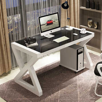 元优 电脑桌台式家用办公桌现代简约钢化玻璃书桌 升级款白架子 黑