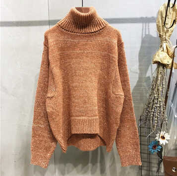 秋冬新品宽松套头高领毛衣女装韩版金线加厚长袖针织衫上衣潮 土橘色