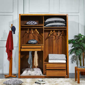 尚满 浅胡桃边框实木卧室家具板式趟门衣柜 中式现代推拉门衣橱储物柜