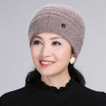 克沃兹帽子女冬 中老年人兔毛绒线帽妈妈帽奶奶帽加绒加厚保暖 咖色