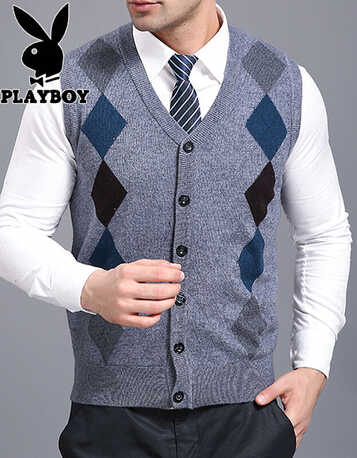 秋冬男式针织衫羊毛背心毛衣v领提花马甲休闲男凌形保暖爸爸装 中灰
