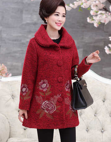 新款羊毛大衣妈妈装秋冬中长款毛呢外套 中老年大妈女装风衣 红色