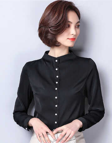 新款春季衬衫女上衣百搭修身立领打底衫通勤ol高端长袖衬衫ll037 黑色