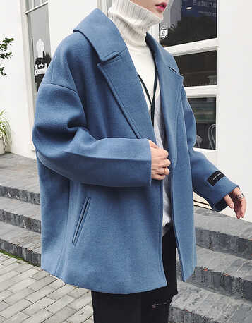 原宿风呢子大衣男士情侣加厚学生风衣韩版bf风休闲毛呢外套潮 浅蓝色