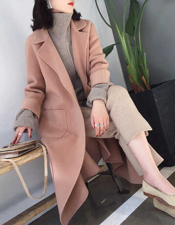 宽松百搭加厚毛呢外套高端双面呢子羊绒大衣女中长款 杏粉色预售 xs