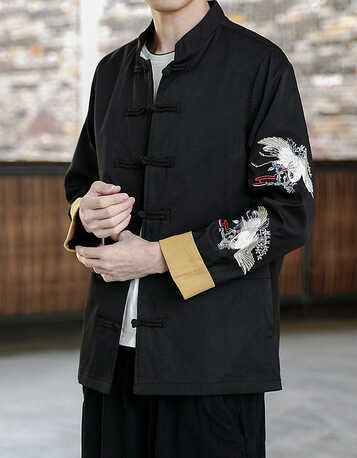 乔治宝威尼 2018春装新款唐装男中国风刺绣棉麻长袖衬衫盘扣中山装