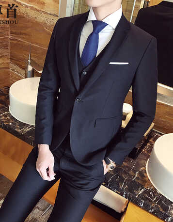尊首 韩版百搭西服套装修身西服气质男士单扣西装三件套 黑色全套上衣