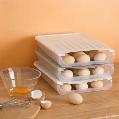 卡沐森 厨房自动滚蛋鸡蛋盒冰箱保鲜盒便携野餐鸡蛋收纳盒塑料鸡蛋盒蛋托蛋格 白色