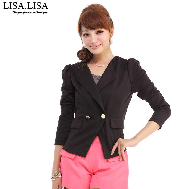 lisalisa/丽莎丽莎 泡泡袖无领小西装 长袖外套 bb2705 黑色 s