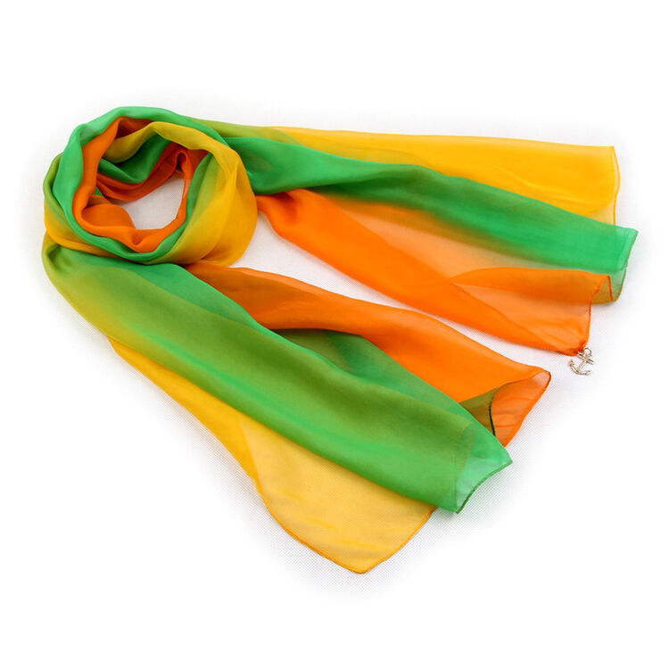 女士防晒丝巾沙滩巾上海风情撞色渐变色超长真丝围巾194004 桔绿色
