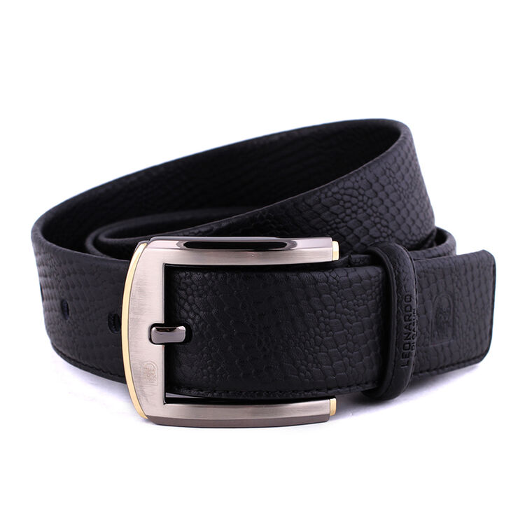 leonardo利奥纳多老人头男士整张牛皮折叠商务休闲针扣皮带腰带 黑色