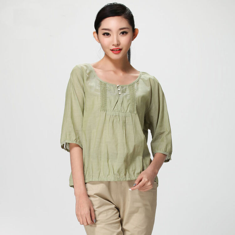 水淼2014春装新款加大码女装胖mm韩版纯棉中袖t恤显瘦s14xc1942黄绿色